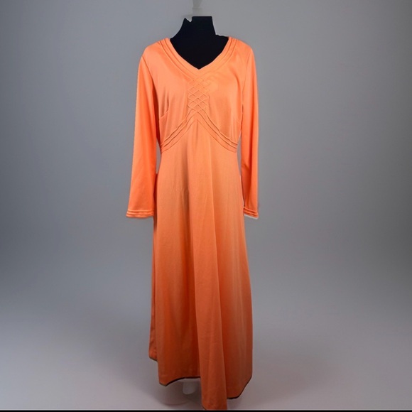 Dresses & Skirts - Vintage Lady Laura Toni Todd Neon Orange 70s Maxi Dress L/S